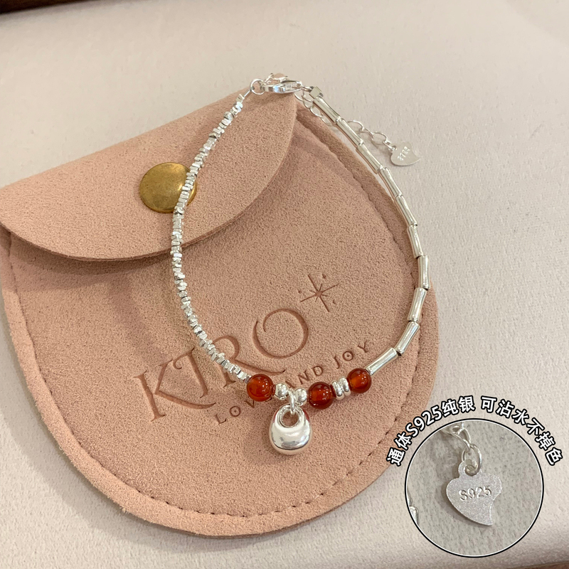 纯银天然红玛瑙银坨手串女款高级感竹节手链高颜值学生党配饰送女朋友老婆情人节七夕生日礼物