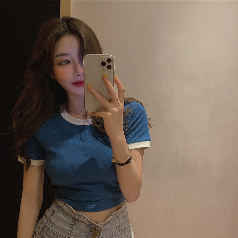 夏季短款韩国女装修身纯色短袖T恤女露脐上衣打底衫衣服