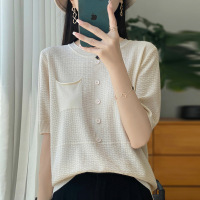 年夏季新款冰丝圆领针织短袖女带兜纽扣纯色宽松百搭打底上衣