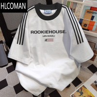 HLCOMAN三条杠圆领宽松大码短袖T恤男女装夏季潮牌休闲上衣