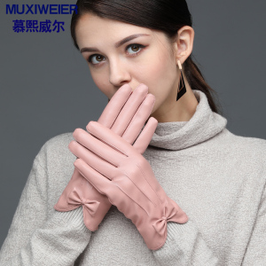 皮手套女秋冬季加绒保暖韩版触屏学生可爱挡风御寒骑开车全指手套