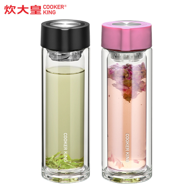 炊大皇玻璃杯双层加厚耐热泡茶家用带盖玻璃杯男女士车载便携随身外出商务办公大容量简约茶水杯子茶水分离