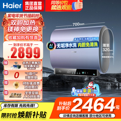海尔(Haier)60升双胆电热水器家用短款储水式超薄省空间3300w速热净水洗大容量DT7K单/双胆加热镁棒免更换