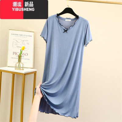 YIBUSHENG莫代尔短袖连衣裙季薄款家居睡裙宽松休闲中长款木耳边a字裙子