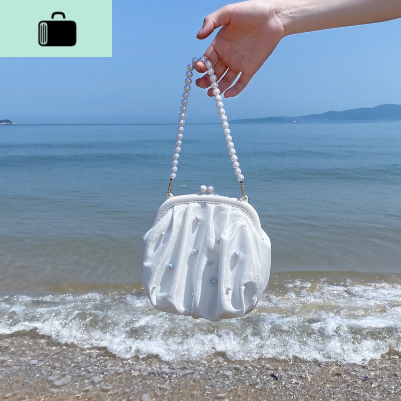 原创珍珠包包女斜挎包简约百搭夏天仙女包包超仙温柔风贝壳口金包NEW LAKE 白色白月光