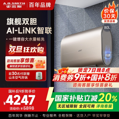 史密斯80升电热水器 家用 双胆扁桶 纤薄黑科技 大屏触控 双擎速热 E80HGDWi一级能效 储水式