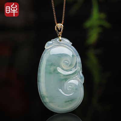 印象眸18K金镶翡翠如意吊坠飘绿花吉祥如意男女款玉石挂件附送证书吊坠