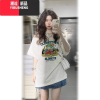 YIBUSHENG白灰色短袖t恤女小个子季美式复古港味chic宽松半袖上衣服