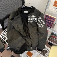 男装美式高街立领PU皮衣夹克男女同款春秋季潮牌字母印花上衣外套