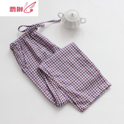 日系双层纱布家居裤女高腰居家长裤睡裤简约费琳