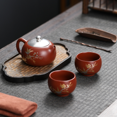 MULTIPOTENT整套功夫茶具宜兴紫砂喜上眉梢999足银旅行茶具1壶2杯套装