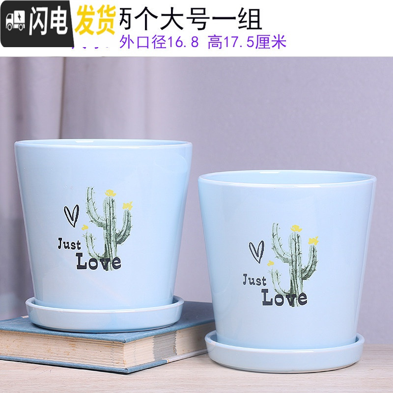 三维工匠白色欧式花盆陶瓷特大中三号绿植盆栽创意简约花盆带托盘 T-300蓝掌两个17厘米 大花盆容器