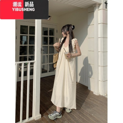 YIBUSHENG法式气质无袖背心连衣裙2024季女装宽松显瘦度假中长裙子沙滩裙
