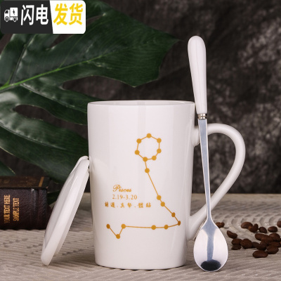 三维工匠创意个性陶瓷马克杯带盖勺杯子潮流情侣喝水杯家用咖啡杯男女茶杯 [??]双鱼座-白款带盖送不锈钢精品杯勺咖啡器具