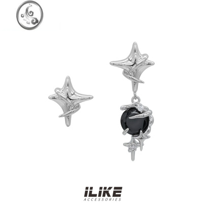JiMi 缠绕星芒不对称耳钉小众设计感黑色锆石春夏耳环甜酷帅独特