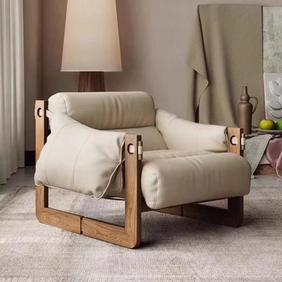 青木川 简约现代中古风实木单人沙发椅可躺客厅阳台泽西岛扶手椅设计师小户型休闲懒人椅布艺皮椅子