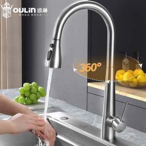 欧琳(OULIN)厨房水龙头 抽拉式水龙头可360°旋转L008不锈钢/双出水/哑光防指纹