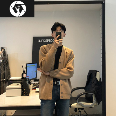 HongZun秋季新款针织衫男宽松毛衣v领韩版潮流个性单排扣纯色开衫外套潮毛衣