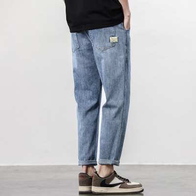 春秋浅蓝水洗牛仔裤男士织带宽松锥形工厂直供九分百搭长裤子