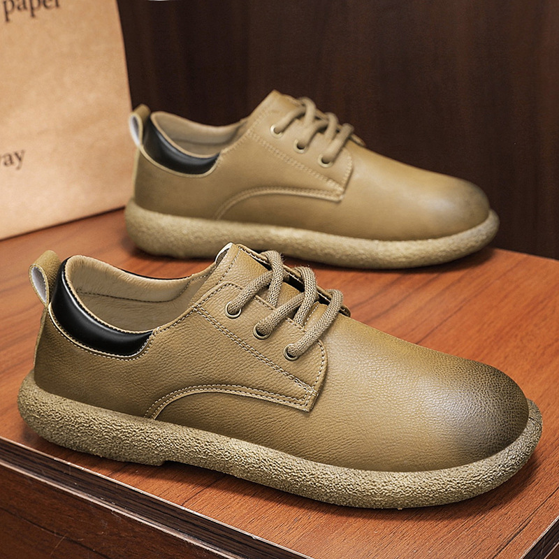 男士舒适新款系带简约时尚圆头低帮正装工作休闲皮鞋厚底亮面皮鞋