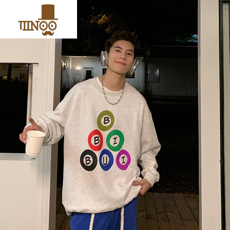 YANXUHolocene美式潮牌2023早秋新款印花圆领卫衣男街头创意宽松套头衫