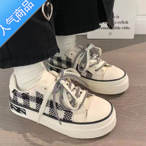 SUNTEK棋盘格少女鞋帆布鞋2023春季樱花粉休闲百搭学生小白鞋小香风板鞋