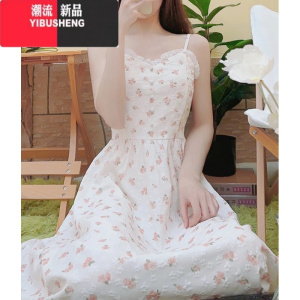 YIBUSHENG茶歇法式碎花吊带连衣裙女收腰显瘦森系甜美温柔花边少女感长裙