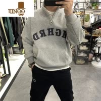 YANXU新款美式潮牌宽松立领灰色半拉链长袖卫衣男士刺绣外穿上衣
