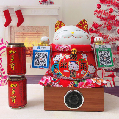 摆件开业创意礼品二维码摆台店铺收银台语音播报储蓄存钱罐 三维工匠 小号千客万来+二维码+语音底座猫