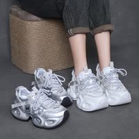 真皮厚底镶钻老爹鞋女2025春季新款轻便舒适网面透气运动休闲鞋