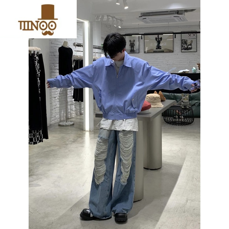 YANXU美式复古条纹衬衫男日系帅气百搭潮牌ins休闲外套情侣长袖