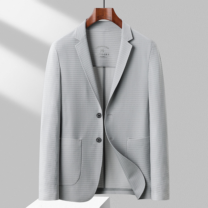 春夏款单层锦纶弹力西装男士韩版修身免烫休闲青年便西服