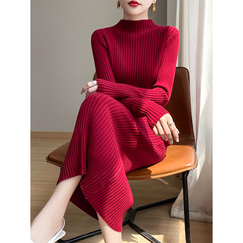 秋冬新款连衣裙女套头长款毛衣裙子高翻领纯色安迪绒长袖针织裙子