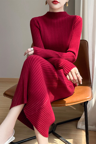 秋冬新款连衣裙女套头长款毛衣裙子高翻领纯色安迪绒长袖针织裙子