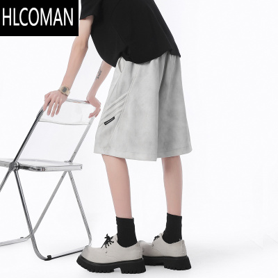 HLCOMAN美式刺绣运动短裤男夏季复古做旧阔腿五分裤子潮牌三条杠休闲中裤