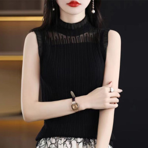 法式洋气无袖背心女半高领内搭白色上衣蕾丝冰丝针织短袖女