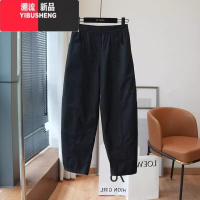 YIBUSHENG2024新款高腰宽松显瘦休闲裤女季薄时尚棉麻裤子绿色九分哈伦裤