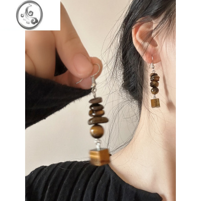 JiMiTome/ 原创自制新中式虎眼石显白褐色耳环无耳洞蚊香盘耳夹