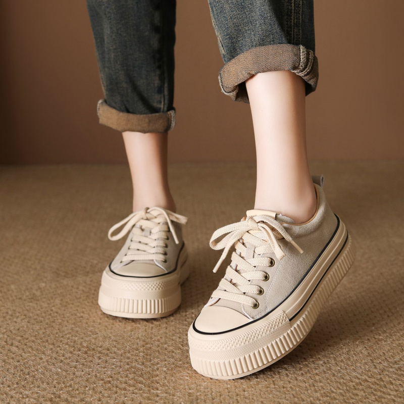 头层牛皮秋季女板鞋新款厚底超软系带低帮鞋女百搭真皮休闲鞋