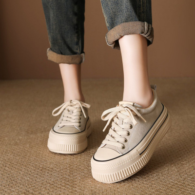 头层牛皮秋季女板鞋新款厚底超软系带低帮鞋女百搭真皮休闲鞋