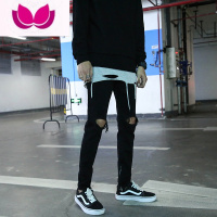 七斓黑色牛仔裤男款破洞裤男生高街小脚裤男裤休闲裤潮牌美式裤子男士