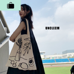 森女系日系斜跨帆布包女 文艺学生单肩包 大容量百搭手提包学院风NEW LAKE 米白色女士单肩包 米白色