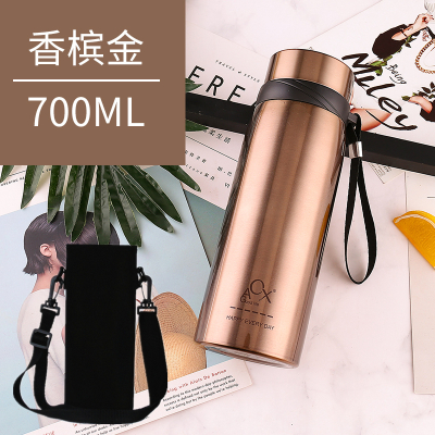 304不锈钢保温杯304不锈钢保温杯大容量1L办公1000ml户外带滤网茶杯男女双层水壶700ml金色（送杯套）