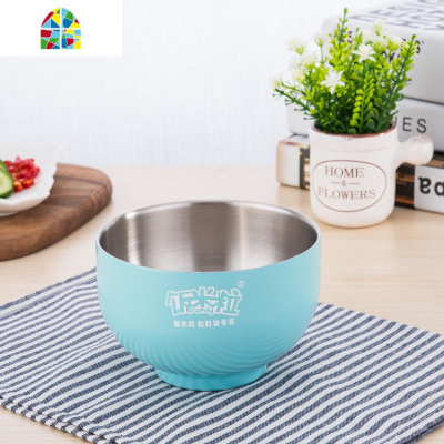 儿童碗304不锈钢彩色双层隔热防烫加厚摔耐用韩日式面汤碗 FENGHOU 稻穗黄14cm(550ml)