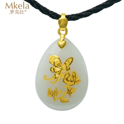 梦克拉 和田玉花件 金镶玉 足金和田玉玫瑰花吊坠 蝶恋花 金镶玉吊坠女 水滴