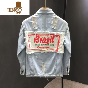 YANXU新款潮牌破洞男士牛仔外套夹克韩版休闲帅气浅色流行上衣长袖