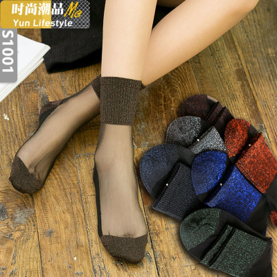 YUNWUXIN金银丝春夏银葱韩版中筒棉底亮丝袜子女日韩系个性透明水晶丝潮袜丝袜