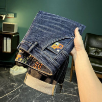 抖音超火刺绣直筒牛仔裤男韩城潮流修身时尚弹力休闲长裤