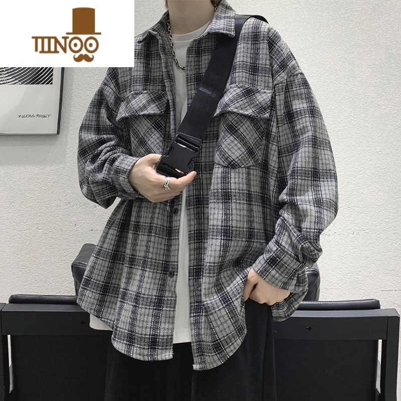 YANXU日系复古格子衬衫男士长袖新款宽松休闲感男生衬衣外套