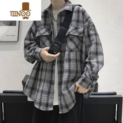 YANXU日系复古格子衬衫男士长袖新款宽松休闲感男生衬衣外套